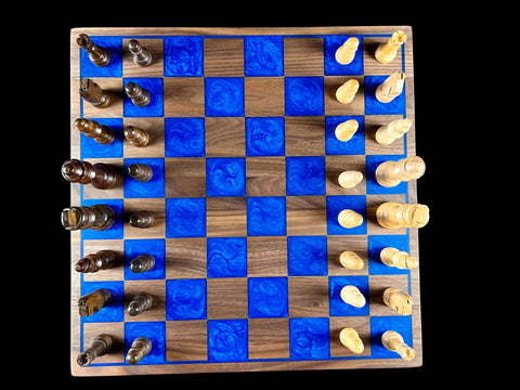 Chessboard, Walnut and Blue Resin