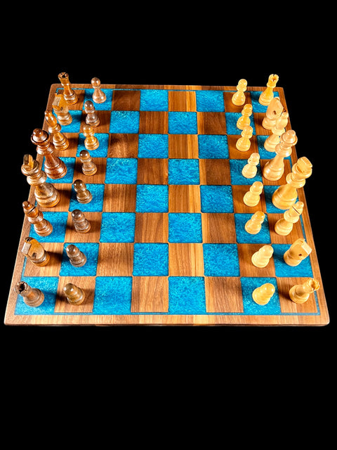 Chessboard, Walnut and Turquoise Resin